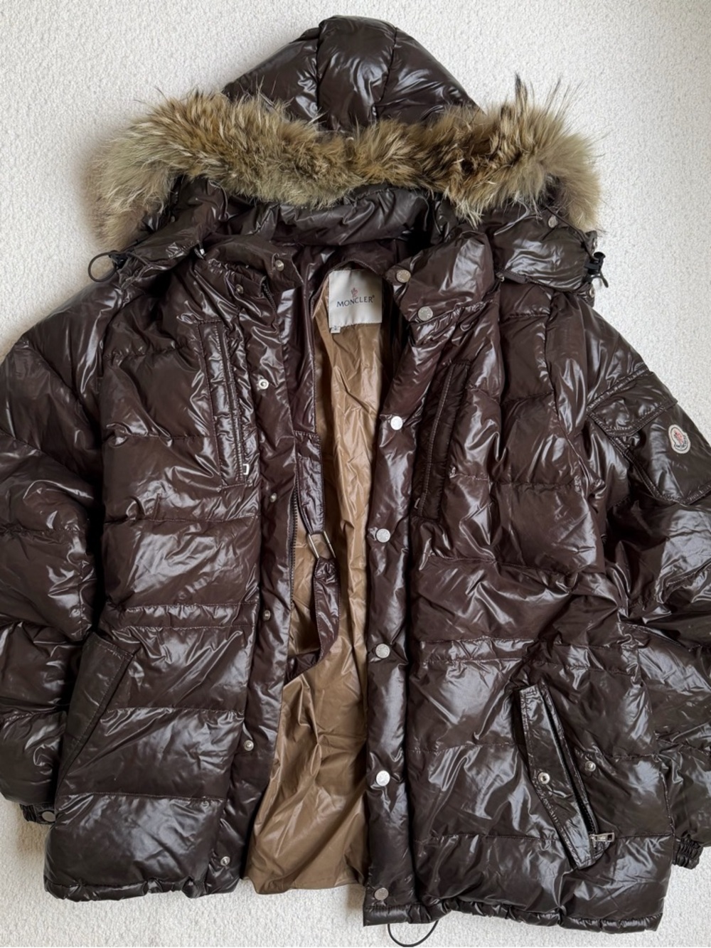 Moncler Dark Brown Quilted Down Puffer with Fur Trim Hood